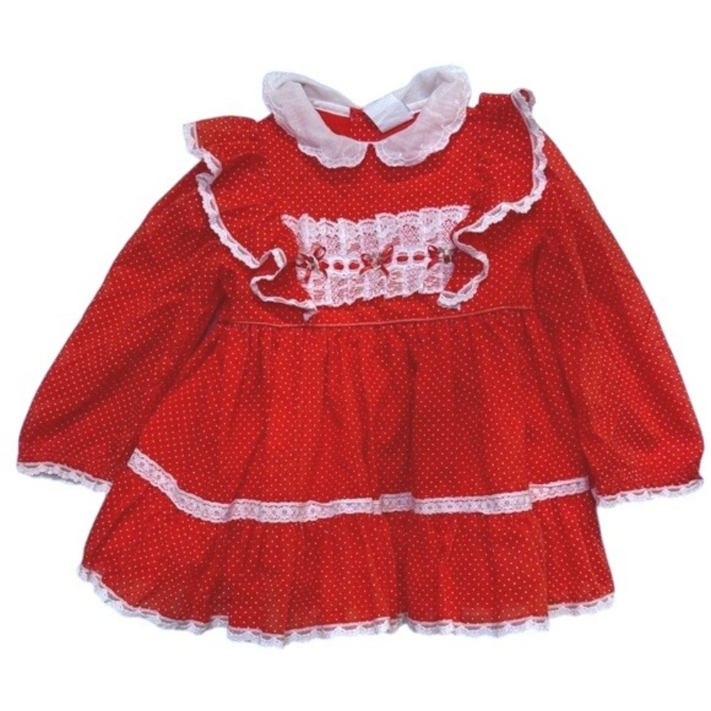 Vtg Girl's Bryan‎ Red White Polka Dot Lace Ruffle Collar Christmas Dress Size 2T